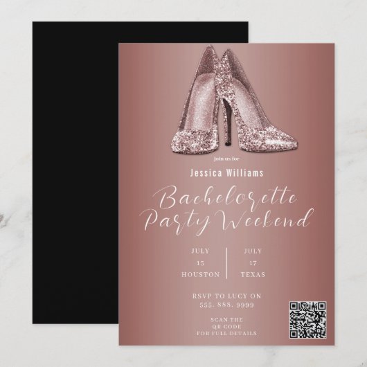 QR CODE Roze Gouden Glitter Schoenen Bachelorette Kaart (Voorkant / Achterkant)
