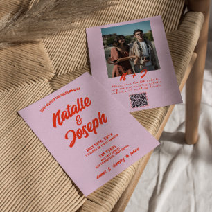 QR-code Roze Oranje Fel Funky Foto Huwelijk Kaart