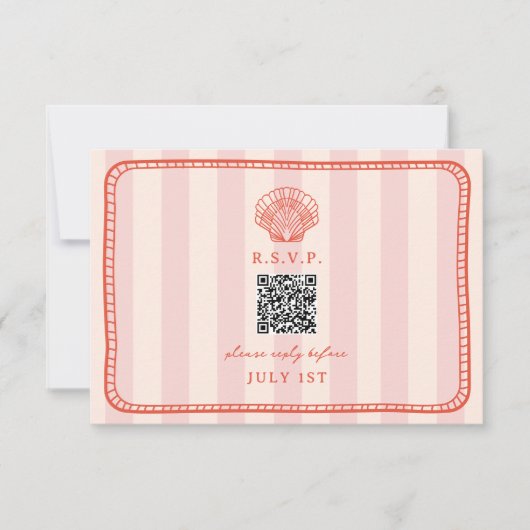 QR Code Roze Streep Shell Bruiloft QR RSVP Kaartje (Voorkant)