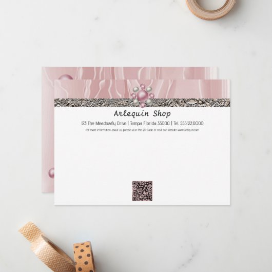 QR Code Roze Zijde & Folie Bedrijf Notitiekaartje (Voorkant / Achterkant in situ)