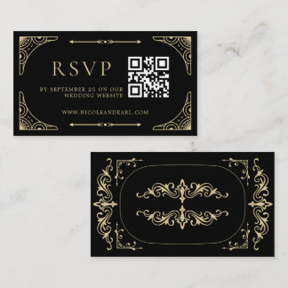 Qr Code RSVP Black Elegant Deco Gold Retro Weddens Informatiekaartje