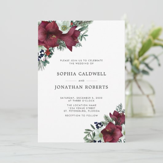 QR Code RSVP Bourgondië Bloemen Winter Bruiloft Kaart (Staand voorkant)