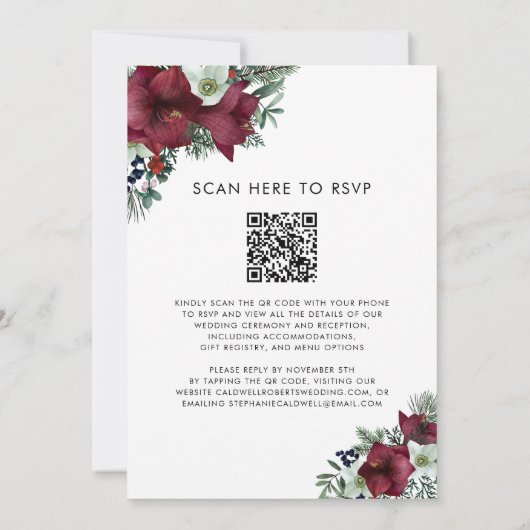 QR Code RSVP Bourgondië Bloemen Winter Bruiloft Kaart (Achterkant)