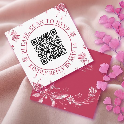 QR-code RSVP, magenta bloemen bloem bruiloft Informatiekaartje