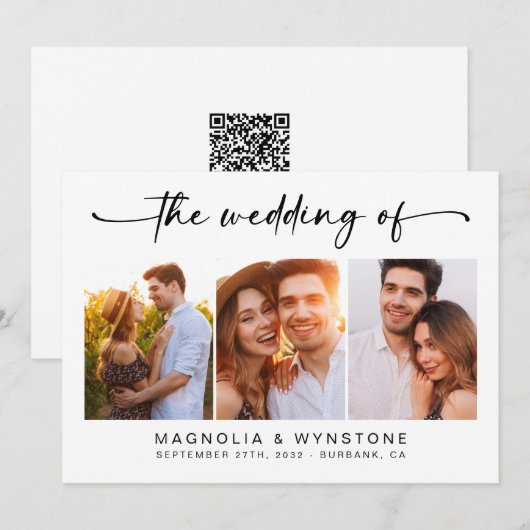 QR-code RSVP | Moderne drie fotobruiloft Kaart (Voorkant / Achterkant)