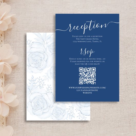 QR Code RSVP Online Blauw Bloemen Receptie Details Informatiekaartje