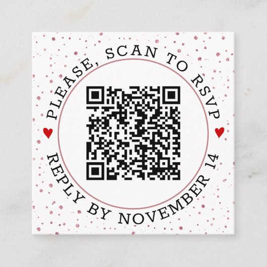 QR-code RSVP roos gouden grens en confetti Informatiekaartje (Voorkant)
