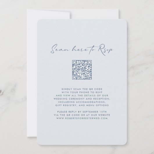 QR-code RSVP Stusty Blue Monogram Wreatw Weddensch Kaart (Achterkant)