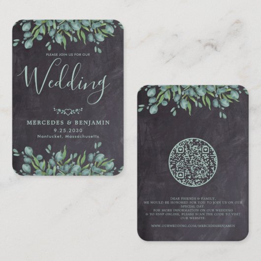 QR Code Russe Eucalyptus Faire-part de mariage (Devant / Derrière)