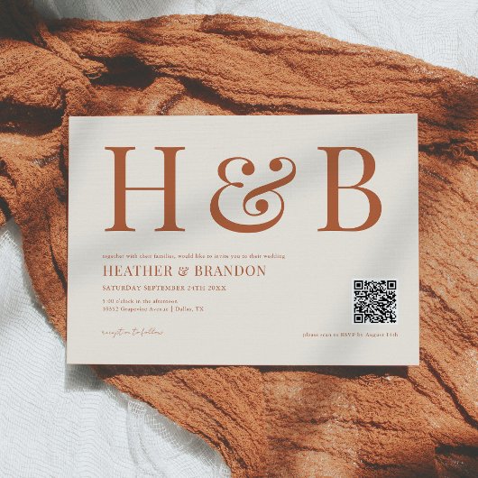 QR Code Rust Monogram Uitnodiging voor de bruiloft