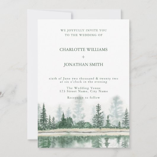 QR-code Rustic Mountain Forest Waterverf Wedding Kaart (Voorkant)