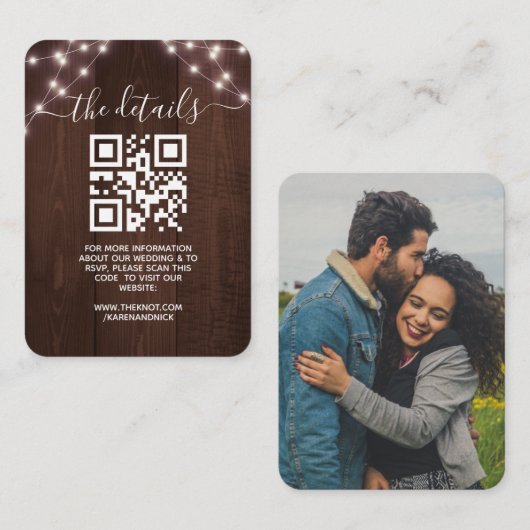 QR Code Rustic String Lights Weddenschap Informati Informatiekaartje (Voorkant / Achterkant)