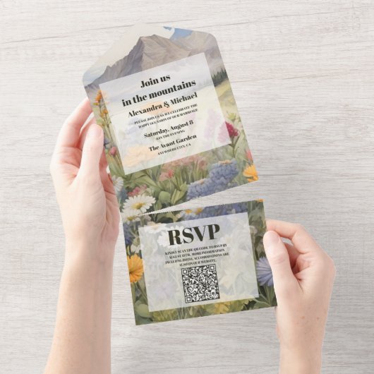 QR Code Rustiek Bergbos Evergreen Bruiloft All In One Uitnodiging (Afscheurbaar)