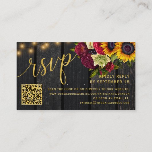 QR code rustieke zonnebloem en rozen bruiloft RSVP Informatiekaartje (Voorkant)