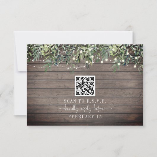 QR-code Rustige houten plaat Botanische bruiloft R RSVP Kaartje (Voorkant)