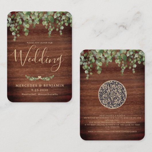 QR Code Rustisch hout Botanische bruiloft Uitnodig Informatiekaartje (Voorkant / Achterkant)