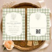 QR Code Sage Green Gingham Floral Bridal Shower Kaart