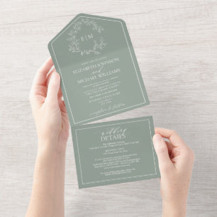 QR Code Sage Green Leafy Crest Monogram Weddenscha All In One Uitnodiging