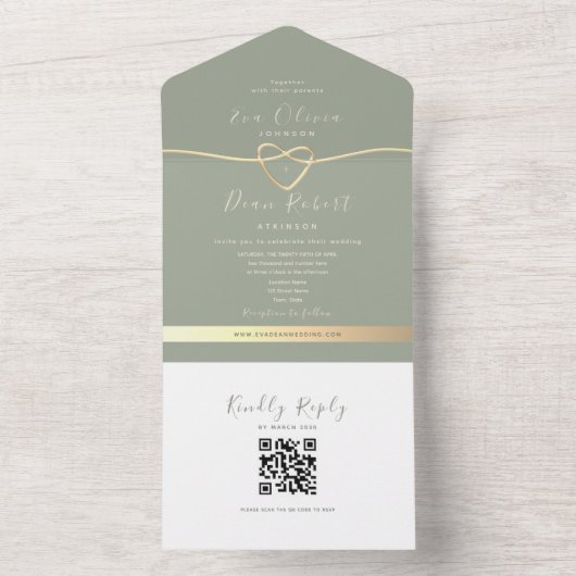 QR Code Sage Green Wedding All In One Uitnodiging (Binnen)