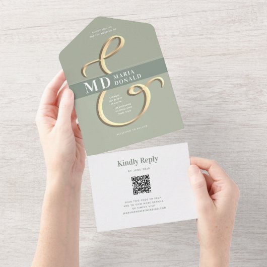QR-code Sage Green Wedding All in One Uitnodiging (Afscheurbaar)