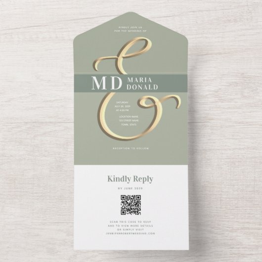 QR-code Sage Green Wedding All in One Uitnodiging (Binnen)
