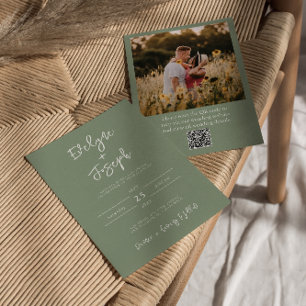 QR Code Sage Groen Foto Boho Moderne Trouwdag Kaart