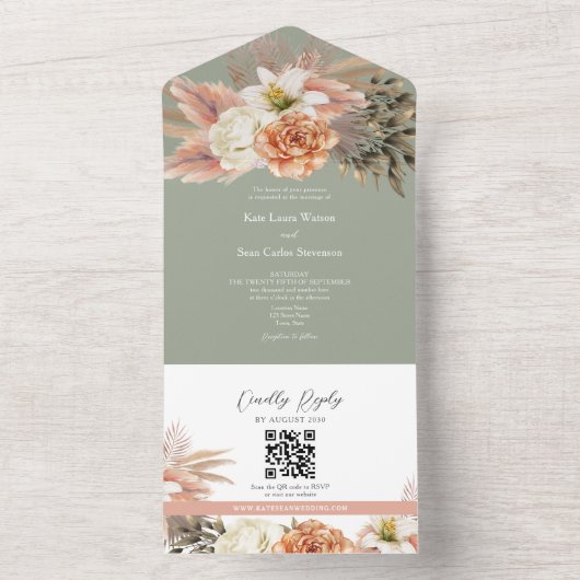 QR Code Salie Groene Bloemen Huwelijk All In One Uitnodiging (Binnen)