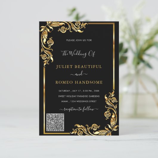 QR Code Scan Info Black Gold Faire-part de mariage (Debout devant)
