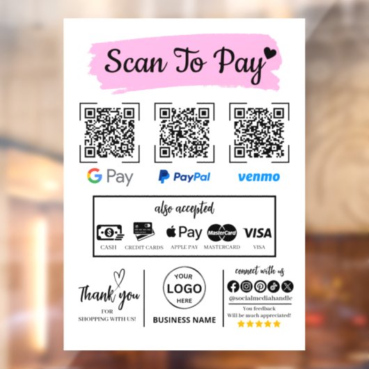 QR Code Scan om Venmo Paypal te betalen Google Pay Raamsticker (Vel 2)
