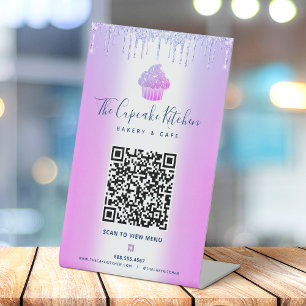 QR-code Scanmenu Paars Cupcake Glitter Bakery Reclamebord Met Voetstuk