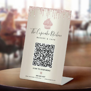 QR-code Scanmenu Roze cupcake Glitter Gold Bakery Reclamebord Met Voetstuk