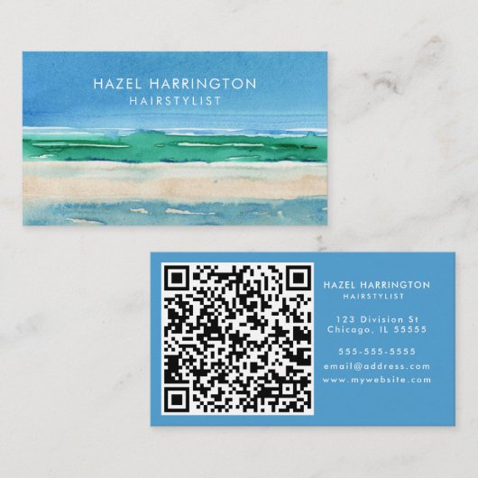 QR Code Scannable Beach Waterverf Ocean Blue Visitekaartje (Voorkant / Achterkant)