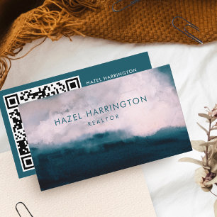QR Code Scannbare Waterverf Moody Blauwgroen Roze Visitekaartje