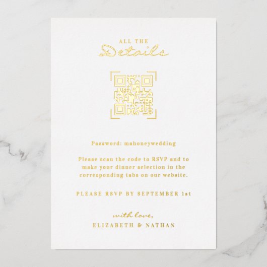 QR-code scannen | Bijlage met huwelijksdetails Folie Uitnodiging (Voorkant)