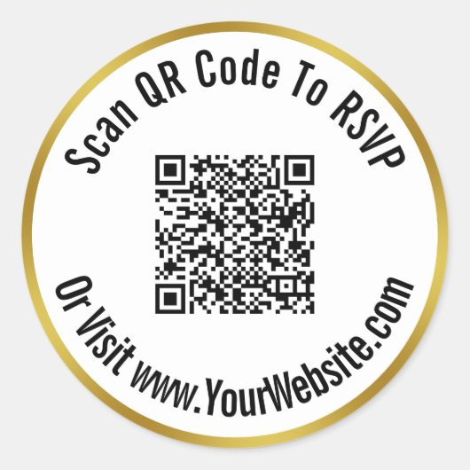 QR-code scannen naar RSVP of website (wit en goud) Ronde Sticker (Voorkant)