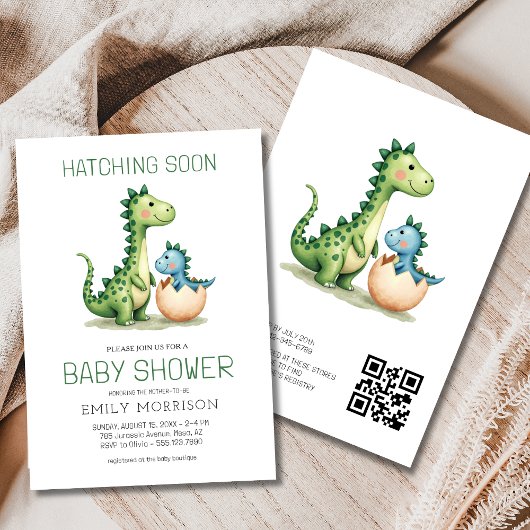 QR Code Schattigee Dinosaur Hatching Soon Baby sho Kaart