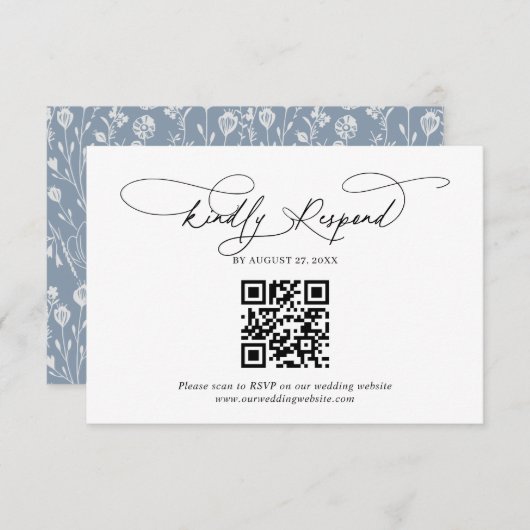 QR Code Script Floral Dusty Blue Wedding RSVP Informatiekaartje (Voorkant / Achterkant)