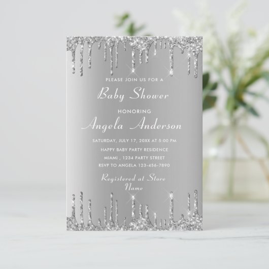 QR-code Silver Glitter Baby Boy Shower Uitnodiging (Staand voorkant)