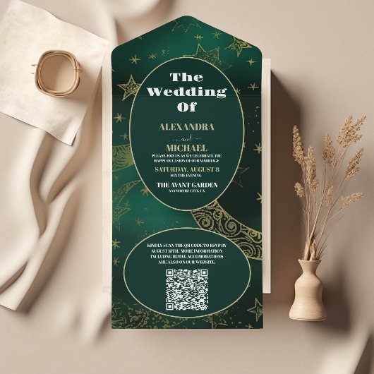QR Code Smaragdgroen Goud Hemels Huwelijk All In One Uitnodiging
