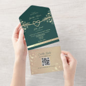 QR Code Smaragdgroene Gouden Bruiloft All In One Uitnodiging (Afscheurbaar)