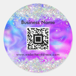 QR-code stijlvol holografisch glittershop paars un Ronde Sticker