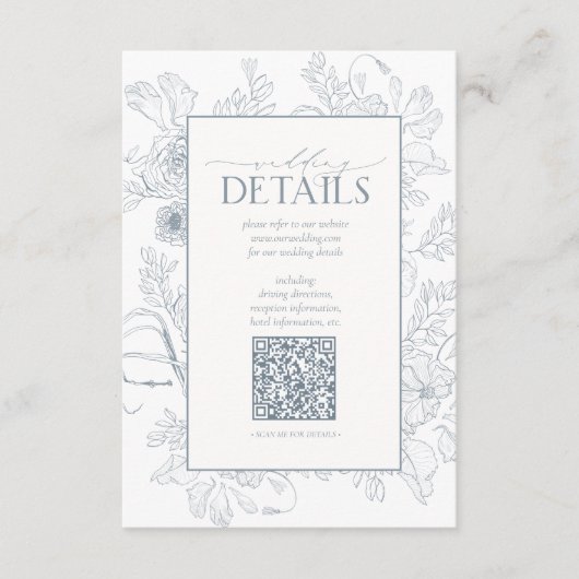 QR-code Stusty Blue Floral Wedding Details Informatiekaartje (Voorkant)