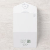 QR-code Stusty Blue Leafy Crest Monogram Weddensch All In One Uitnodiging (Buitenkant)