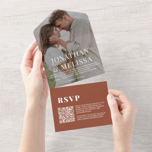 QR-code | Terracotta Simple Overlay Photo Wedding All In One Uitnodiging (Afscheurbaar)