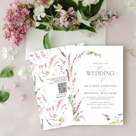 QR-code Trendy Elegant Wildflower Floral Wedding Kaart