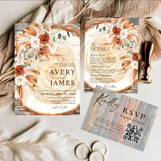 QR Code Trouw Uitnodiging Boho Pampas Houten Schij