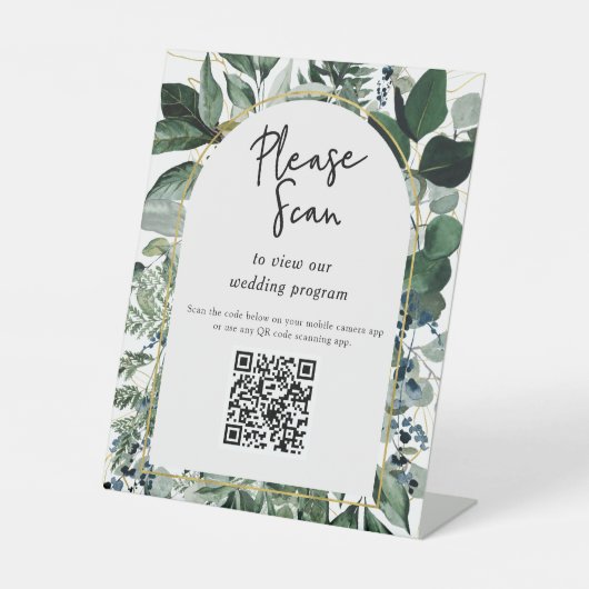 QR-code trouwprogramma Modern Botanisch Groen Reclamebord Met Voetstuk (Voorkant)