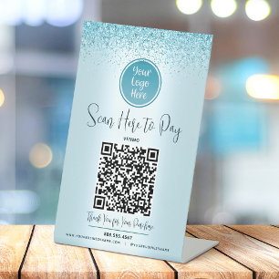 QR Code Turquoise Glitter Aangepast Logo Betaal Hi Reclamebord Met Voetstuk