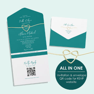 QR-code Turquoise Gouden Hart Trouwdag All In One Uitnodiging