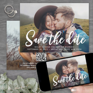 QR-code & twee foto's Moderne trendy script bruilo Save The Date